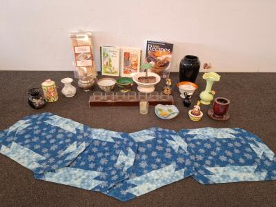 Large Lot Decor & Tableware &ndash; 4 Vases, 3 Bowls, 3 Cookbooks, 4 Quilted Placemats, MCM Figurines ( shelf J)