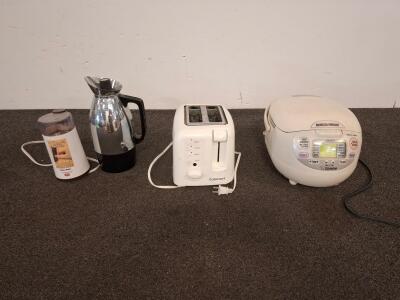 Zojirushi NS-ZAC10 Neuro Fuzzy Rice Cooker & Warmer 5.5 Cup, 2 slice toaster, coffee carafe and a coffee grinder. All powered on.