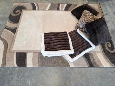 Set of 3 Faux Fur Throw Pillows and 2 bed pillow covers, Dark Brown and Animal Print, area rug