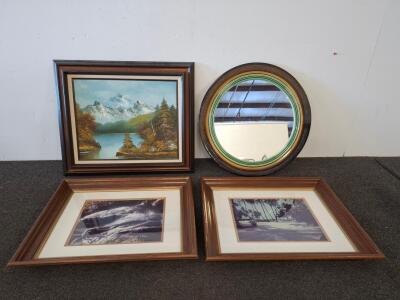 Lot of 4 Pieces: Framed Mountain Landscape, Mirror, Waterfall & Beach Prints, Wood Frames