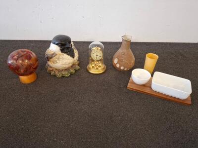 Mantel clock display. Bird cookie jar 3-Piece White Ceramic Serving Set with Wooden Tray &ndash; Bowl & Rectangular Dish , unique stone vase ,beach glass globe and more( shelf J)