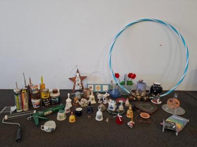 Large Assorted Lot: DIY Tools, Wood Finishes, Collectible Bells, Ceramics, D&eacute;cor, Hula Hoops ( shelf I)