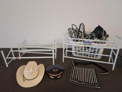 Household Accessories Lot &ndash; Stetson Hat, Officer Cap, 2 Shoe Racks, Hangers, Bag. ( shelf E)