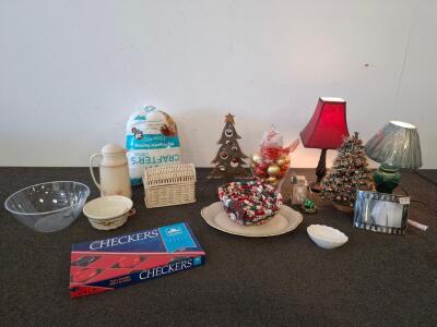 Assorted Household and Holiday D&eacute;cor Lot &ndash; Lamps, ( powered on) Christmas Decorations, Checkers Game, Kitchenware ( shelf J)