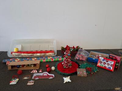 Large Lot of Holiday Time Christmas Decorations, Ornaments & Wrapping Supplies with Storage Bin. ( shelf J)