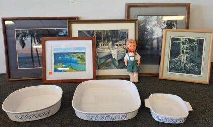 CorningWare Cornflower Swirl 3-Piece Casserole Set &ndash; Rectangular & Square Baking Dishes, 1990s, Pictures and a vintage-style doll