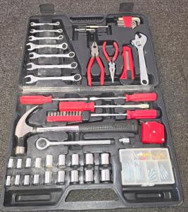General Purpose Hand Tool Kit, SAE Sockets, Wrenches, Hammer, Case, Pliers, Screwdrivers, two small tools are missing