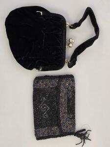 Vintage 1950s Black Velvet Evening Bag and Beaded Clutch Set