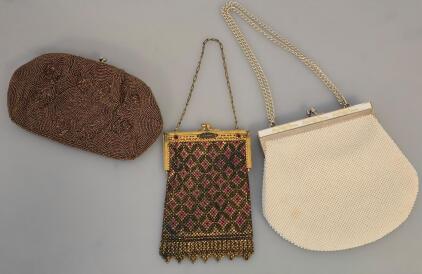 Set of 3 Vintage Evening Bags: Beaded Bronze Clutch, Art Deco Chain Mail Purse, White Beaded Handbag
