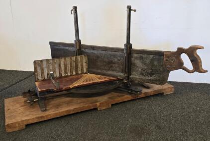 Antique Manual Miter Saw with 26-Inch Blade and Wooden Base