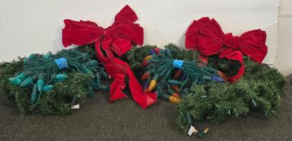 30" Pre-Lit Artificial Holiday Wreaths, Multi-Colored Lights, Red Bows, Set of 2