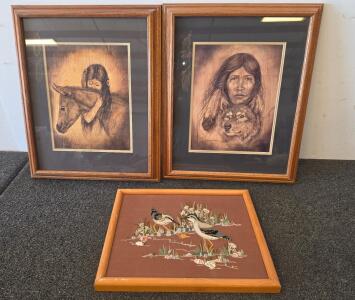 Native American Portrait Prints By Susan Lockhart & Framed Hand Embroidery Bird Art &ndash; Set Of 3
