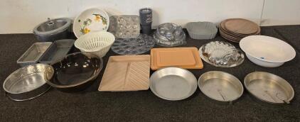 Assortment Of Kitchenware & Bakeware: Metal Pans, Bowls, Trays, Colander, Tumbler, Plates