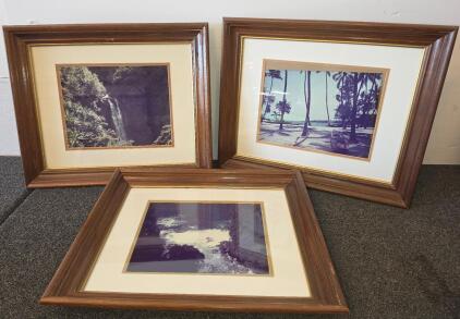 Framed Tropical Landscape Photograph Set &ndash; Waterfall, Beach, Coastline, Wood Frames