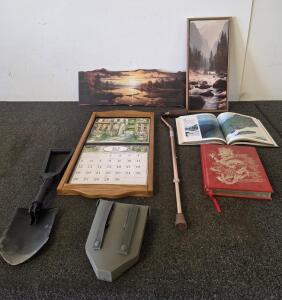 Gerber Folding Entrenching Tool, Walking Cane, Art Prints, Wall Calendar, And Dragon Book