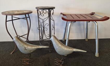 Mosaic Top Table, Wrought Iron Stand, Shower Bench, And 2 Metal Bird Garden Sculptures