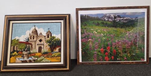 Framed Needlepoint Mission Scene And Mountain Landscape Puzzle Framed