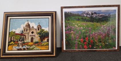Framed Needlepoint Mission Scene And Mountain Landscape Puzzle Framed