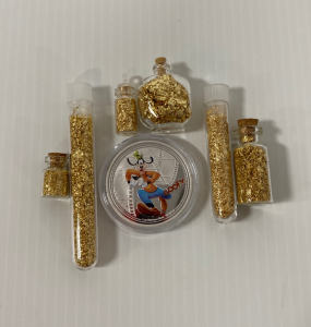 (6) Small Bottles of Gold Flake/Leaf & Disney “Goofy” Collectible Round