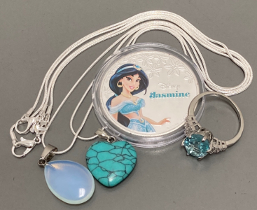 Disney's “Jasmine” Collectible Round, Size 10 Aquamarine Ring, Opal and Turquoise Necklaces