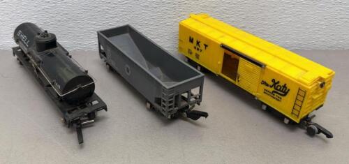 American Flyer S Scale Model Train Freight Cars (Shell Tank, LNE Hopper, MKT Boxcar)