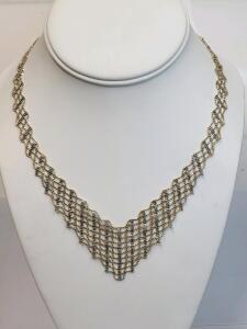 14KT Two-Tone Gold Bib Necklace, Diamond-Cut Mesh, JC Penney, Original Velvet Box