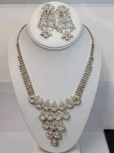 Elegant Silver Tone Rhinestone Statement Necklace and Clip-On Chandelier Earrings Set Bridal Prom