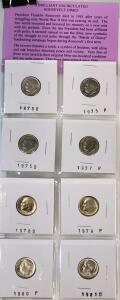8 Brilliant Uncirculated Roosevelt Dimes 1970D-1981D/P, U.S. Mint, Protective Holders