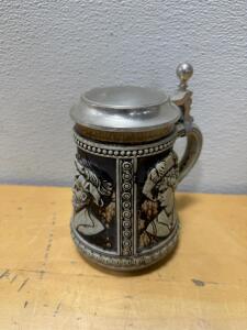 Mid-20th Century German Relief Beer Stein, Pewter Lid, DBGM Mark
