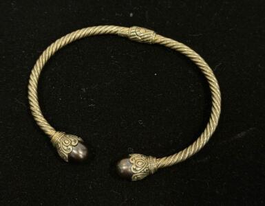 Sterling Silver 925 Twisted Cable Cuff Bracelet with Ornate Endcaps and Black Pearl Accents