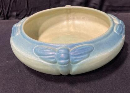 Van Briggle Dragonfly Low Bowl, Matte Blue/Green Glaze, 12" Diameter, Circa 1917