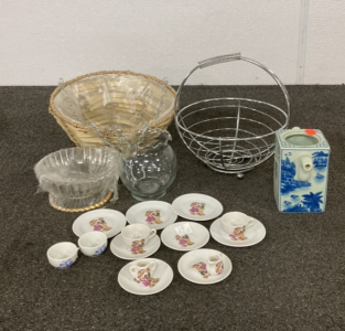 Baskets, Child's Tea Set and Assorted Home Decor