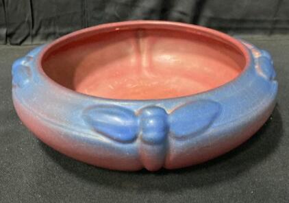 Van Briggle Dragonfly Motif Low Bowl, Matte Mauve and Blue Glaze, 9" Diameter