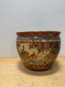 Chinese Porcelain Fish Bowl Planter, 16" Diameter, Hand-Painted Birds and Fish Motifs