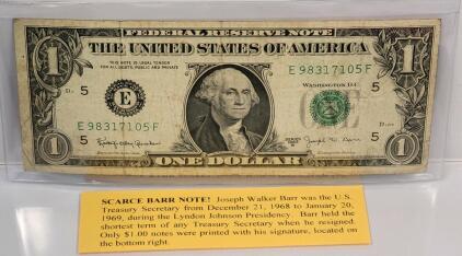 1963B $1 Federal Reserve Note &ndash; Barr Note, Serial E98317105F, Richmond District