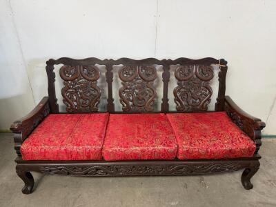 Hand-Carved Chinese Dragon Sofa with Marble Seat Base, 3-Seat, Rosewood, Red Brocade Cushions
