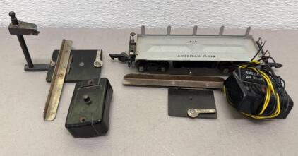 American Flyer S Gauge #714 Log Unloading Car with Trackside Accessories & Control Button, #713 Automatic Track Section Mail Bag, Hook And Control