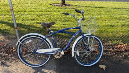 Huffy Cranbrook 26-Inch Adult Cruiser Bike, Blue/White, Basket, Single Speed, Coaster Brake