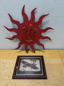 Decorative Red Metal Sun Wall Art, 26" & "Escape by a Hare" Framed Art Print by Bev Doolittle