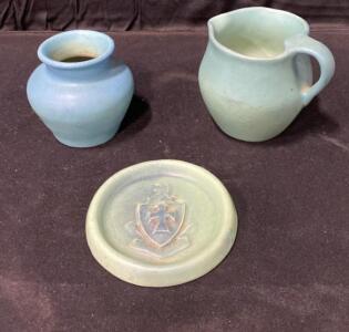 Van Briggle Pottery Set: Small Vase, Creamer, and Trinket Dish in Matte Turquoise Glaze