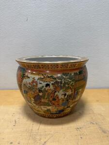 Hand-Painted Chinese Porcelain Fish Bowl Planter, Multi-Color Figures & Goldfish Motif, 12"x10"