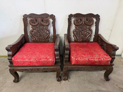 Pair of Chinese Carved Dragon Armchairs with Red Paisley Upholstery