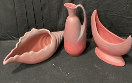 Van Briggle Pottery Set: Pitcher, Shell Bowl, Footed Planter in Matte Rose Glaze