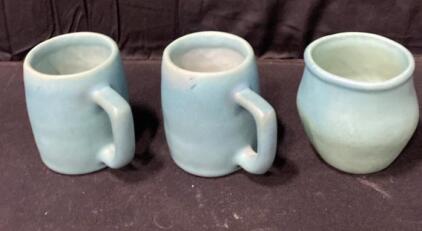 Van Briggle Pottery Set: 2 Mugs & 1 Tumbler, Matte Turquoise, Hand-Signed