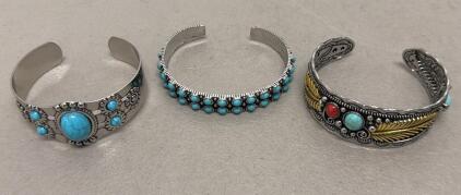 Set of Three Southwestern-Style Cuff Bracelets with Turquoise and Coral Stones