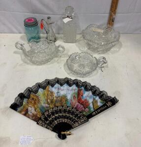 Vintage Pressed Glass Double Handle Candy Dish, Ball Mason Jar, Sevilla Souvenir Fan