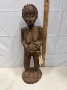 Kongo Tribe Female Wooden Statue, 23" Tall, Hand-Carved with Raffia Waist