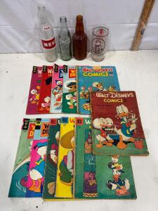 Walt Disney Comics Lot 1940s-60s w/ Donald Duck, Vintage NEHI & Coca-Cola Bottles, Pepsi Glass
