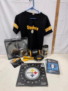 Pittsburgh Steelers Memorabilia Lot: Dartboard, Wall Clock, T-Shirt, Nerf Footballs, Travel Mug
