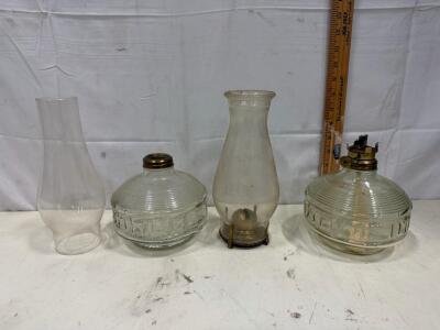 Vintage Glass Tabletop Oil Lamps, Ribbed Paneled Body, Brass Burner, Removable Chimney, c. 20th C